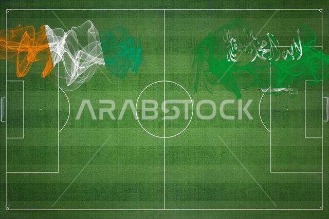 مباراة كرة قدم بين ساحل العاج والمملكة العربية السعودية، ألوان العلم الوطني، أعلام الدول، ملعب كرة قدم، مباراة كرة قدم، مفهوم المنافسة، مساحة فارغة