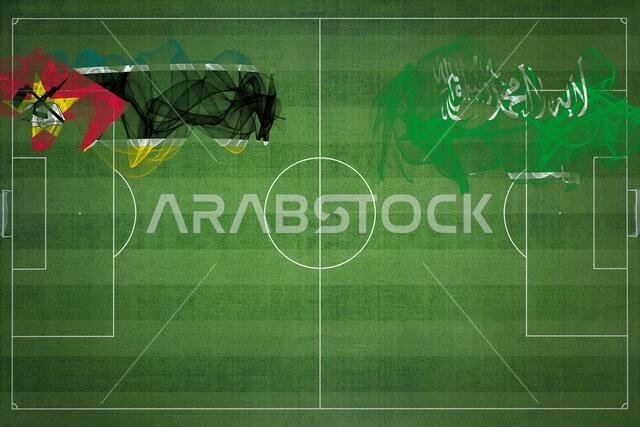 مباراة كرة القدم بين موزمبيق والسعودية، الألوان الوطنية، الأعلام الوطنية، ملعب كرة القدم، مباراة كرة القدم، مفهوم المنافسة، مساحة فارغة
