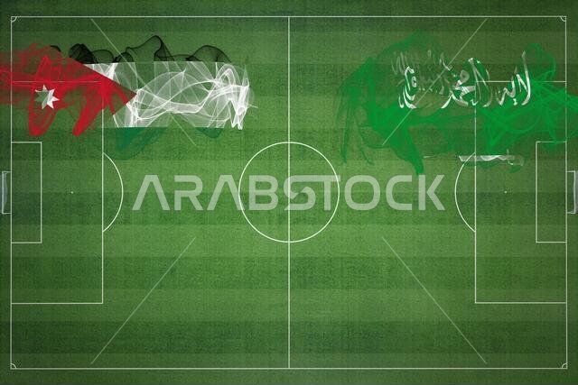 Jordan vs Saudi Arabia Soccer Match, national colors, national flags, soccer field, football game, Competition concept, Copy space