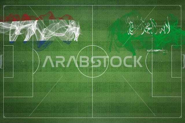 Netherlands vs Saudi Arabia Soccer Match, national colors, national flags, soccer field, football game, Competition concept, Copy space