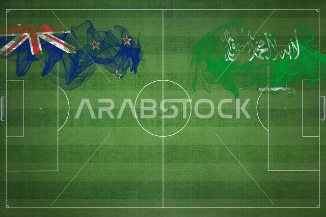 مباراة كرة قدم بين نيوزيلندا والسعودية، ألوان العلم الوطني، أعلام الدول، ملعب كرة قدم، مباراة كرة قدم، مفهوم المنافسة، مساحة فارغة