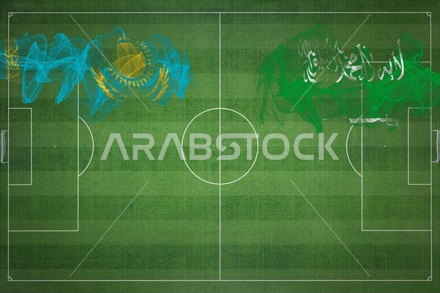 Kazakhstan vs Saudi Arabia Soccer Match, national colors, national flags, soccer field, football game, Competition concept, Copy space