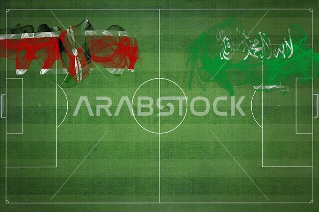 مباراة كرة قدم بين كينيا والسعودية، ألوان العلم الوطني، أعلام الدول، ملعب كرة قدم، مباراة كرة قدم، مفهوم المنافسة، مساحة فارغة