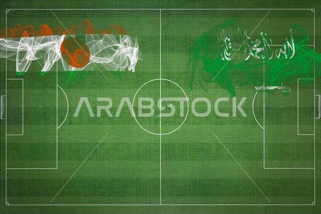 Niger vs Saudi Arabia Soccer Match, national colors, national flags, soccer field, football game, Competition concept, Copy space