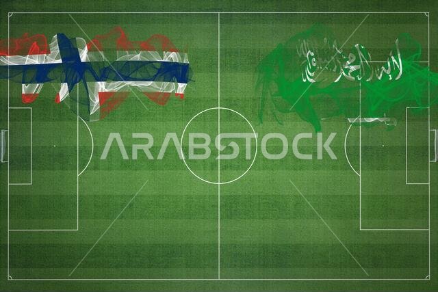 Norway vs Saudi Arabia Soccer Match, national colors, national flags, soccer field, football game, Competition concept, Copy space