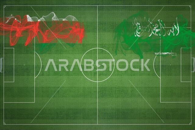 مباراة كرة قدم بين عُمان والسعودية، ألوان العلم الوطني، أعلام الدول، ملعب كرة قدم، مباراة كرة قدم، مفهوم المنافسة، مساحة فارغة
