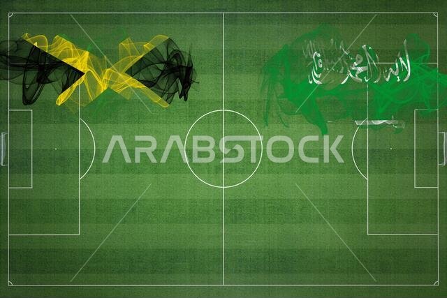 Jamaica vs Saudi Arabia Soccer Match, national colors, national flags, soccer field, football game, Competition concept, Copy space