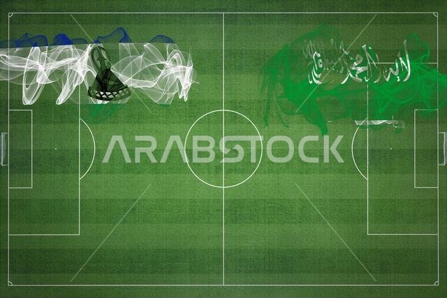 مباراة كرة القدم بين ليسوتو والسعودية، الألوان الوطنية، الأعلام الوطنية، ملعب كرة القدم، مباراة كرة القدم، مفهوم المنافسة، مساحة فارغة