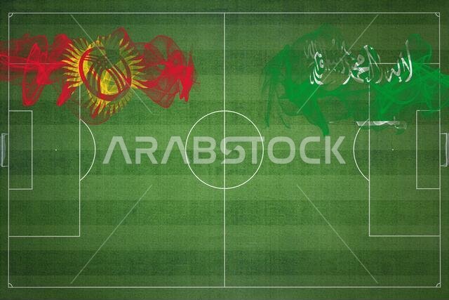 Kyrgyzstan vs Saudi Arabia Soccer Match, national colors, national flags, soccer field, football game, Competition concept, Copy space