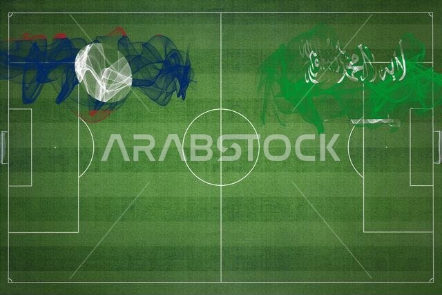 Laos vs Saudi Arabia Soccer Match, national colors, national flags, soccer field, football game, Competition concept, Copy space