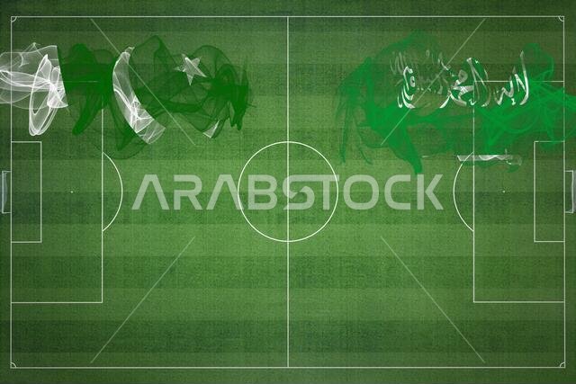 مباراة كرة القدم بين باكستان والسعودية، الألوان الوطنية، الأعلام الوطنية، ملعب كرة القدم، مباراة كرة القدم، مفهوم المنافسة، مساحة فارغة