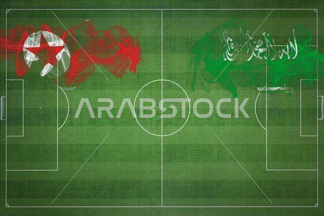 مباراة كرة قدم بين كوريا الشمالية والسعودية، ألوان العلم الوطني، أعلام وطنية، ملعب كرة قدم، مباراة كرة قدم، مفهوم المنافسة، مساحة فارغة