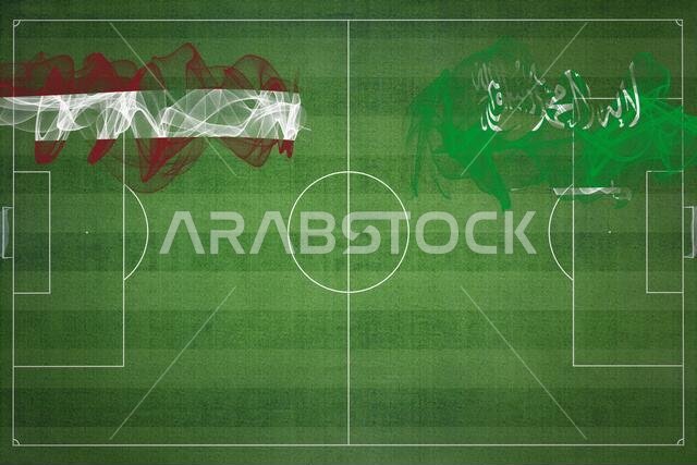Latvia vs Saudi Arabia Soccer Match, national colors, national flags, soccer field, football game, Competition concept, Copy space