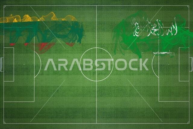 Lithuania vs Saudi Arabia Soccer Match, national colors, national flags, soccer field, football game, Competition concept, Copy space