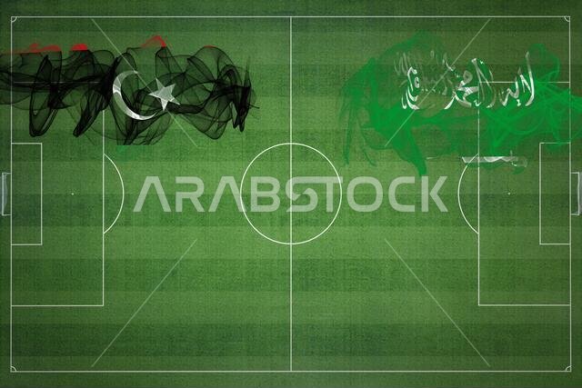 مباراة كرة قدم بين ليبيا والسعودية، ألوان العلم الوطني، أعلام الدول، ملعب كرة قدم، مباراة كرة قدم، مفهوم المنافسة، مساحة فارغة