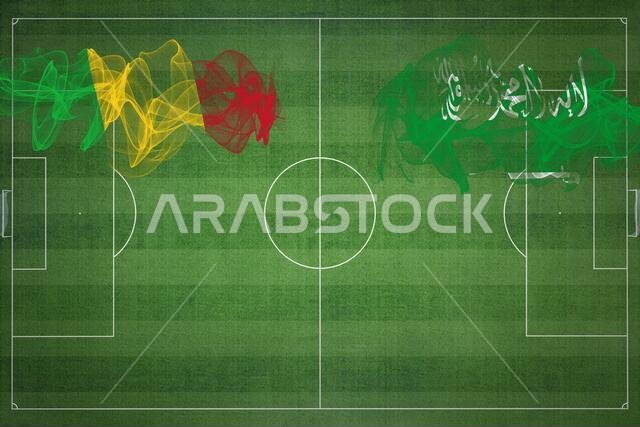 Mali vs Saudi Arabia Soccer Match, national colors, national flags, soccer field, football game, Competition concept, Copy space