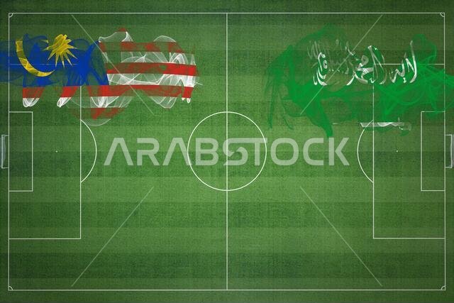 Malaysia vs Saudi Arabia Soccer Match, national colors, national flags, soccer field, football game, Competition concept, Copy space