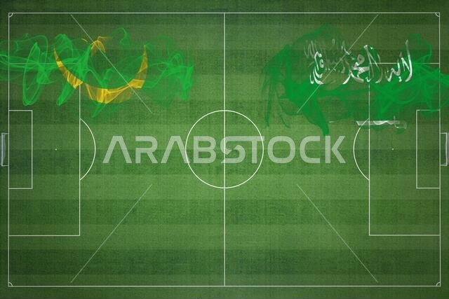 Mauritania vs Saudi Arabia Soccer Match, national colors, national flags, soccer field, football game, Competition concept, Copy space