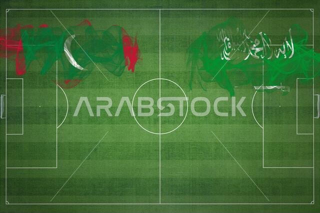 Maldives vs Saudi Arabia Soccer Match, national colors, national flags, soccer field, football game, Competition concept, Copy space