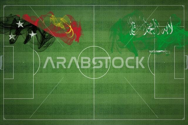 مباراة كرة قدم بين بابوا غينيا الجديدة والمملكة العربية السعودية، ألوان العلم الوطني، أعلام وطنية، ملعب كرة قدم، مباراة كرة قدم، مفهوم المنافسة، مساحة فارغة