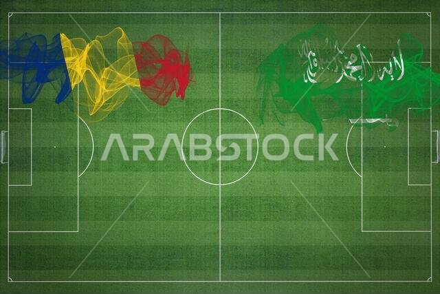 Romania vs Saudi Arabia Soccer Match, national colors, national flags, soccer field, football game, Competition concept, Copy space