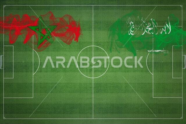 مباراة كرة قدم بين المغرب والسعودية، ألوان العلم الوطني، أعلام الدول، ملعب كرة قدم، مباراة كرة قدم، مفهوم المنافسة، مساحة فارغة