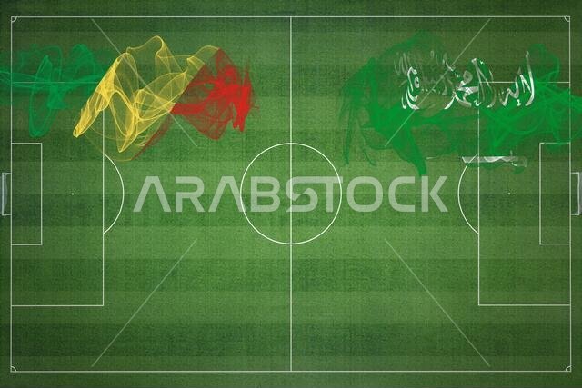 Republic of the Congo vs Saudi Arabia Soccer Match, national colors, national flags, soccer field, football game, Competition concept, Copy space