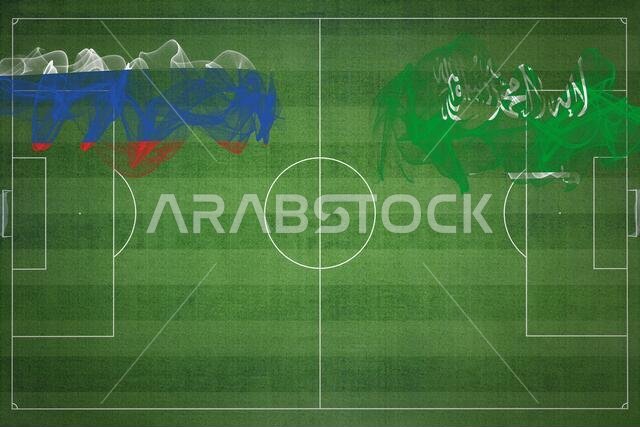 مباراة كرة قدم بين روسيا والسعودية، ألوان العلم الوطني، أعلام وطنية، ملعب كرة قدم، مباراة كرة قدم، مفهوم المنافسة، مساحة فارغة