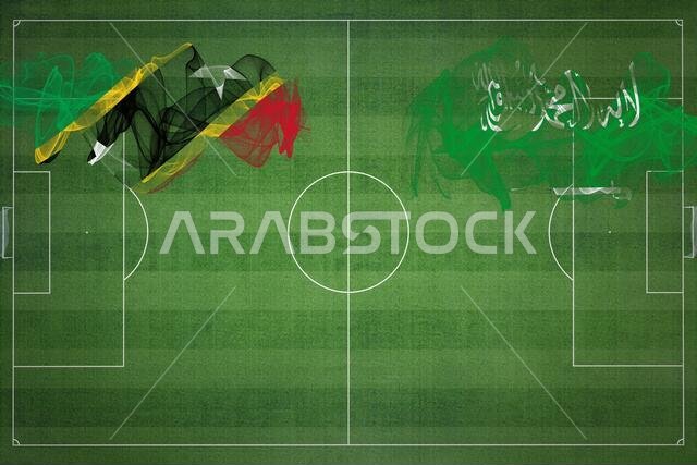 مباراة كرة قدم بين سانت كيتس ونيفيس والمملكة العربية السعودية، ألوان العلم الوطني، أعلام الدول، ملعب كرة قدم، مباراة كرة قدم، مفهوم المنافسة، مساحة فارغة