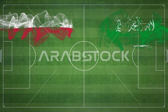 مباراة كرة القدم بين بولندا والسعودية، الألوان الوطنية، الأعلام الوطنية، ملعب كرة القدم، مباراة كرة القدم، مفهوم المنافسة، مساحة فارغة