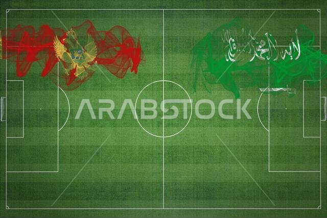 Montenegro vs Saudi Arabia Soccer Match, national colors, national flags, soccer field, football game, Competition concept, Copy space