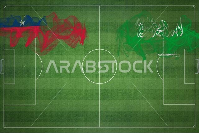 مباراة كرة القدم بين ساموا والسعودية، الألوان الوطنية، الأعلام الوطنية، ملعب كرة القدم، مباراة كرة القدم، مفهوم المنافسة، مساحة فارغة