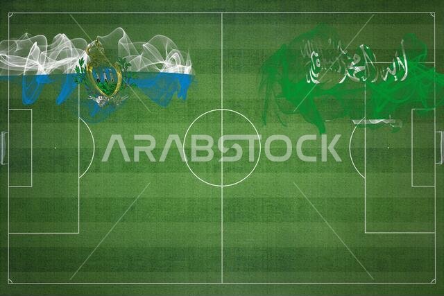 San Marino vs Saudi Arabia Soccer Match, national colors, national flags, soccer field, football game, Competition concept, Copy space