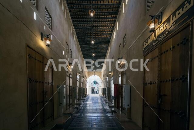 Al Hasa Traditional Souq Market Saudi Arabia inside wide angle view.Al Hasa, Saudi Arabia.