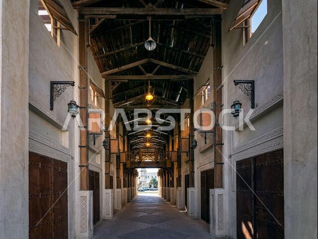 Al Hasa Traditional Souq Market Saudi Arabia inside wide angle view.Al Hasa, Saudi Arabia.
