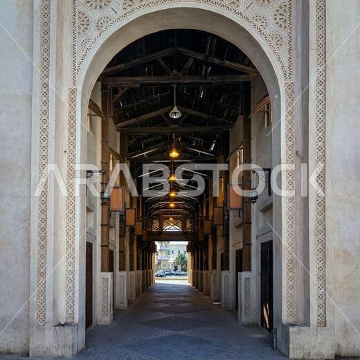 Al Hasa Traditional Souq Market Saudi Arabia inside wide angle view.Al Hasa, Saudi Arabia.