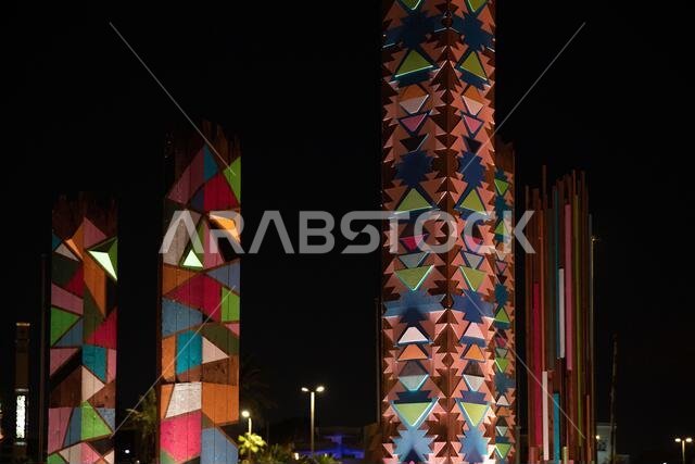 pillars with colored artwork in Balad, Jeddah, Saudi Arabia, July 2020