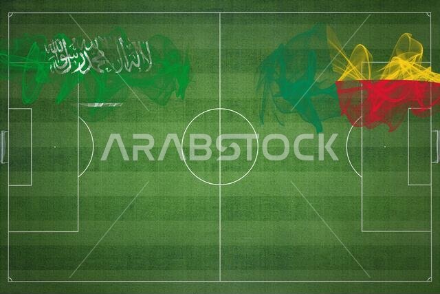 Saudi Arabia vs Benin Soccer Match, national colors, national flags, soccer field, football game, Competition concept, Copy space
