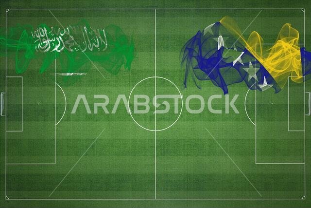 مباراة كرة القدم بين السعودية والبوسنة والهرسك، ألوان العلم الوطني، أعلام الدول، ملعب كرة قدم، مباراة كرة قدم، مفهوم المنافسة، مساحة فارغة