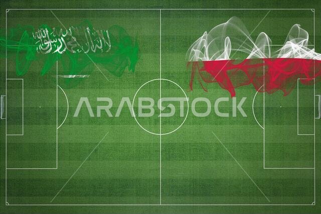 Saudi Arabia vs Poland Soccer Match, national colors, national flags, soccer field, football game, Competition concept, Copy space