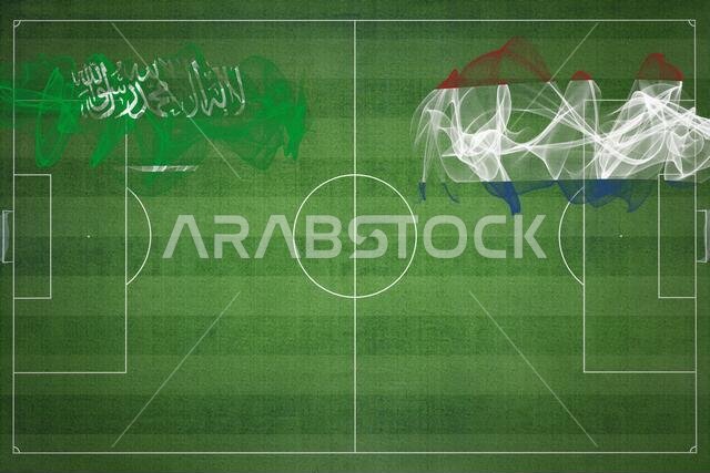 Saudi Arabia vs Netherlands Soccer Match, national colors, national flags, soccer field, football game, Competition concept, Copy space