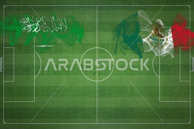 مباراة كرة القدم بين السعودية والمكسيك، ألوان العلم الوطني، أعلام الدول، ملعب كرة قدم، مباراة كرة قدم، مفهوم المنافسة، مساحة فارغة