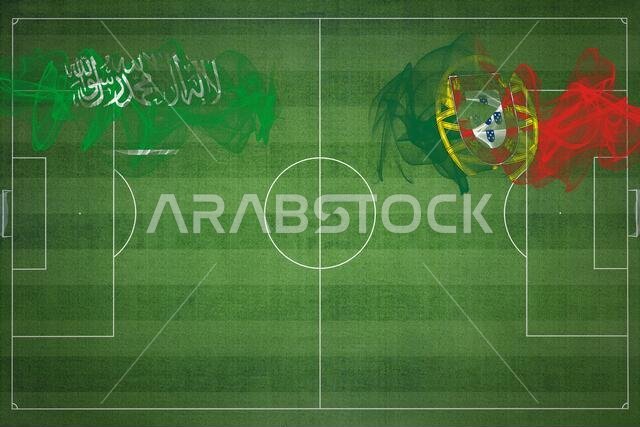 مباراة كرة القدم بين السعودية والبرتغال، ألوان العلم الوطني، أعلام الدول، ملعب كرة قدم، مباراة كرة قدم، مفهوم المنافسة، مساحة فارغة