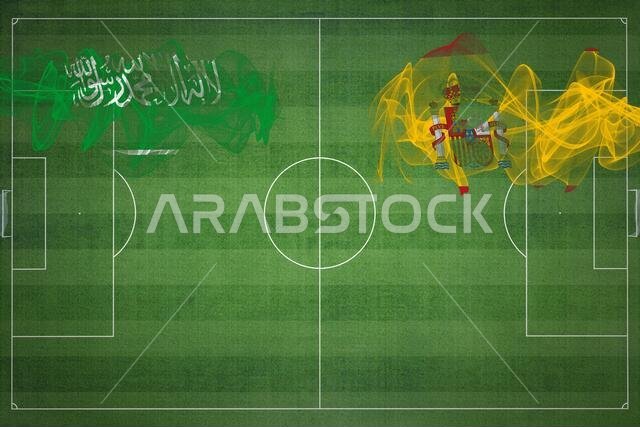 مباراة كرة القدم بين السعودية وإسبانيا، ألوان العلم الوطني، أعلام الدول، ملعب كرة قدم، مباراة كرة قدم، مفهوم المنافسة، مساحة فارغة