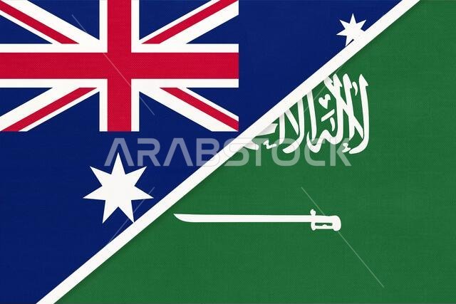 أستراليا والمملكة العربية السعودية، أعلام وطنية مصنوعة من النسيج. علاقة وشراكة وتوافق بين البلدين.