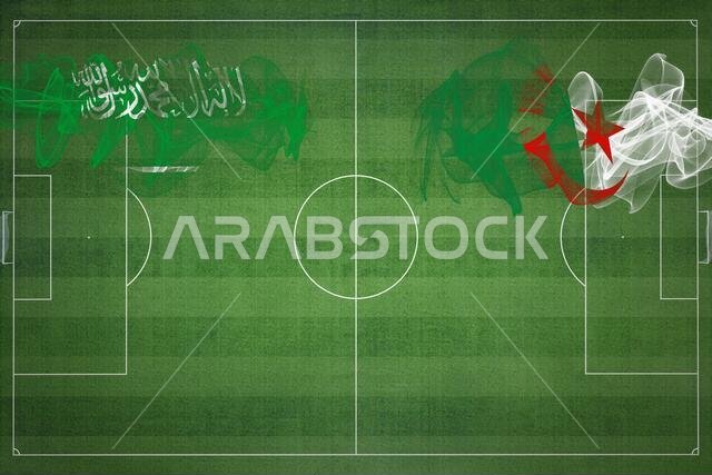 مباراة كرة القدم بين السعودية والجزائر، ألوان العلم الوطني، أعلام الدول، ملعب كرة قدم، مباراة كرة قدم، مفهوم المنافسة، مساحة فارغة