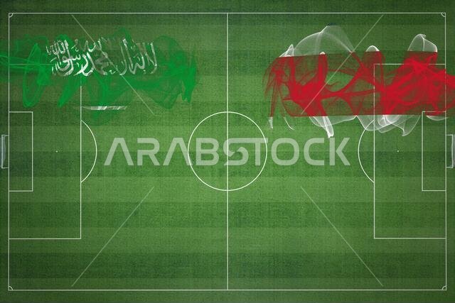 مباراة كرة قدم بين السعودية وكوستاريكا، ألوان العلم الوطني، أعلام الدول، ملعب كرة قدم، مباراة كرة قدم، مفهوم المنافسة، مساحة فارغة