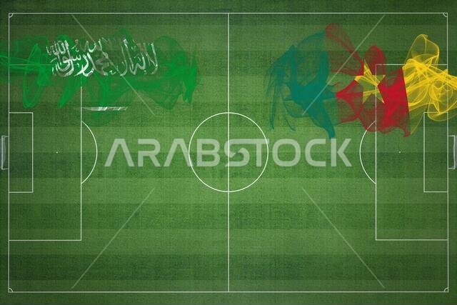 مباراة كرة القدم بين السعودية والكاميرون، الألوان الوطنية، الأعلام الوطنية، ملعب كرة القدم، مباراة كرة القدم، مفهوم المنافسة، مساحة فارغة