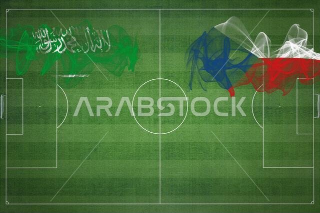 Saudi Arabia vs Czech Republic Soccer Match, national colors, national flags, soccer field, football game, Competition concept, Copy space