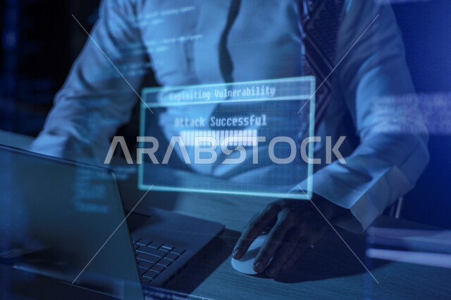 رجل عربي خليجي سعودي يستخدم الحاسوب المحمول، التعرض للإختراق والهجمات الالكترونية، الاختراق الأمني، اختراق حماية وأمن وخصوصية المستخدمين، الجرائم الالكترونية، حماية اللابتوب من الاختراق